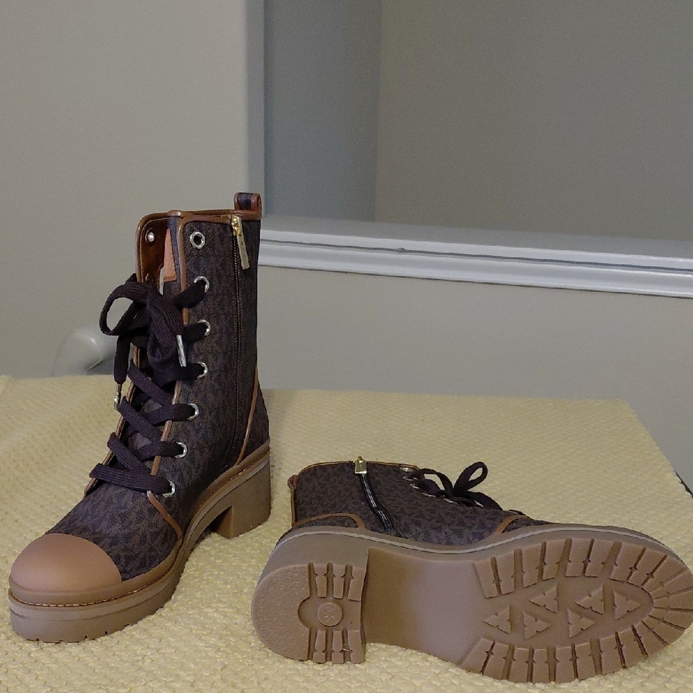 Michael Kors Brown Logo Lace-Up Combat Boots